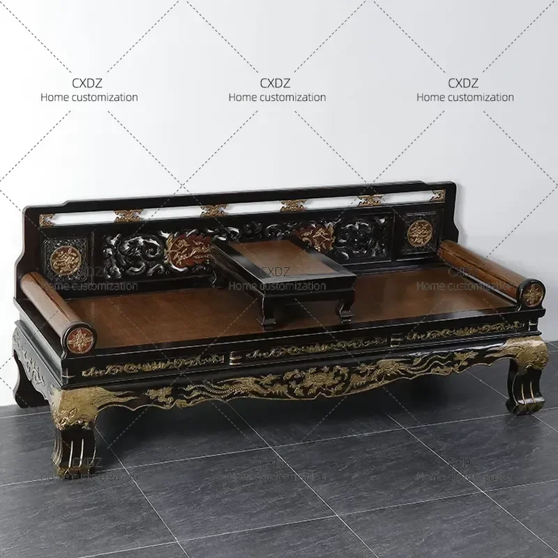 New Chinese Retro Old Elm Arhat Bed Solid Wood Tenon Structure Living Room Sleeping Tatami Sofa Bed Beauty Couch