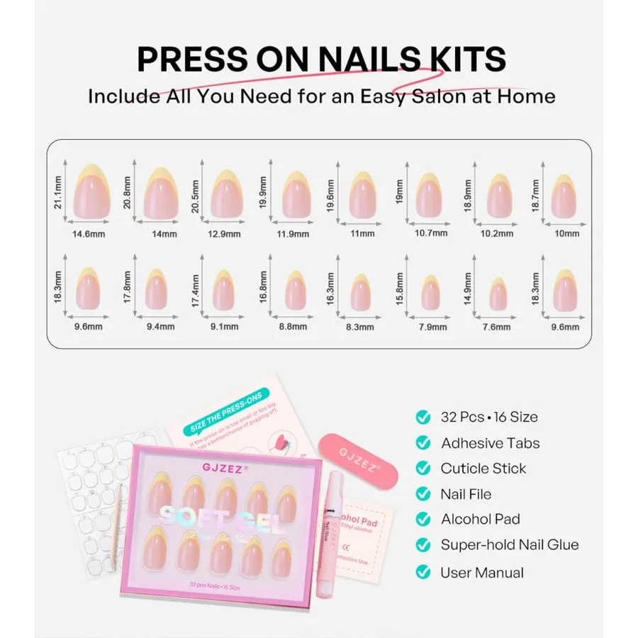 Żółte tipsy francuskie na wcisk, wiosenne, w kształcie migdału, krótkie, w kolorze masłowego żółta, z miękkiego żelu, sztuczne paznokcie o oszałamiającej jakości salonowej.