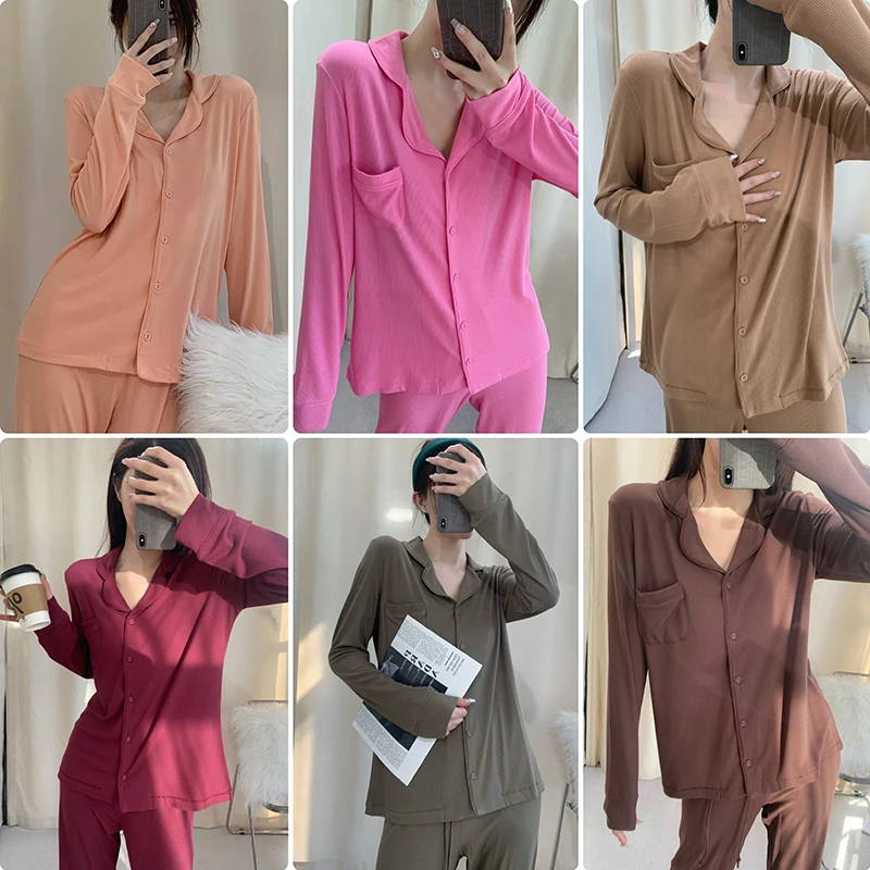 NIGO LP Women\'s Four Seasons Fashion Lapel Solid Color Long-Sleeved Pajamas Casual Pants Set #nigo61232