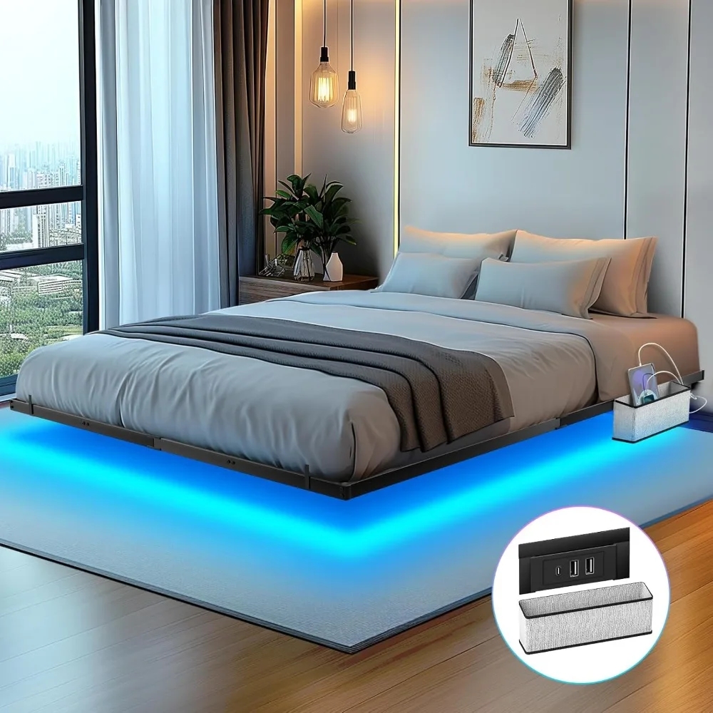 Grand cadre de lit flottant avec support de rangement pour chevet, cadre de lit flottant à LED avec station de charge, 4 blocs coulissants pour matelas