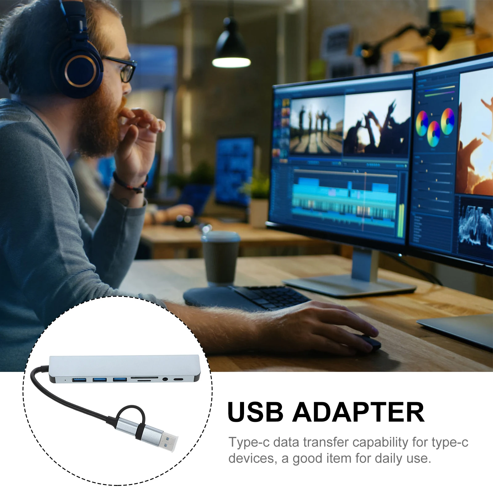 

Type-C Expansion Dock Dual Head 8-in-1 Multi-port Hub Adapter USB Splitter Connector for Laptop Compact Portable Design