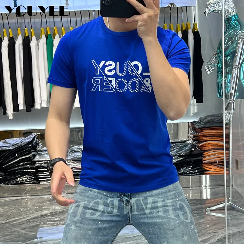 Men\'s Trend T-shirt Letter Printing Slim Fit Round Neck Youth Male Tees 2023 Summer Fashion Causal Versatile Blue Tops Clothing