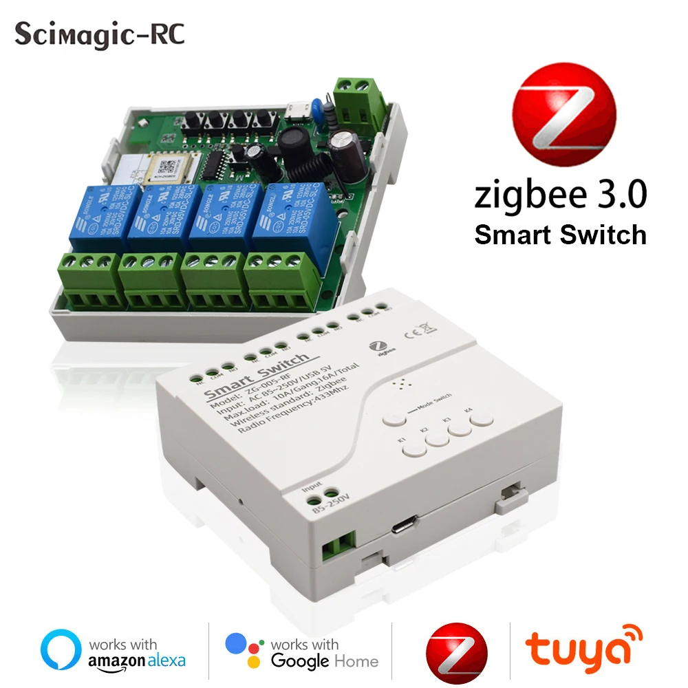 Interruptor inalámbrico inteligente Zigbee de 4 bandas, interruptor de luz enrollable, persiana, Motor de cortina, Riel Din automático, relé RF de