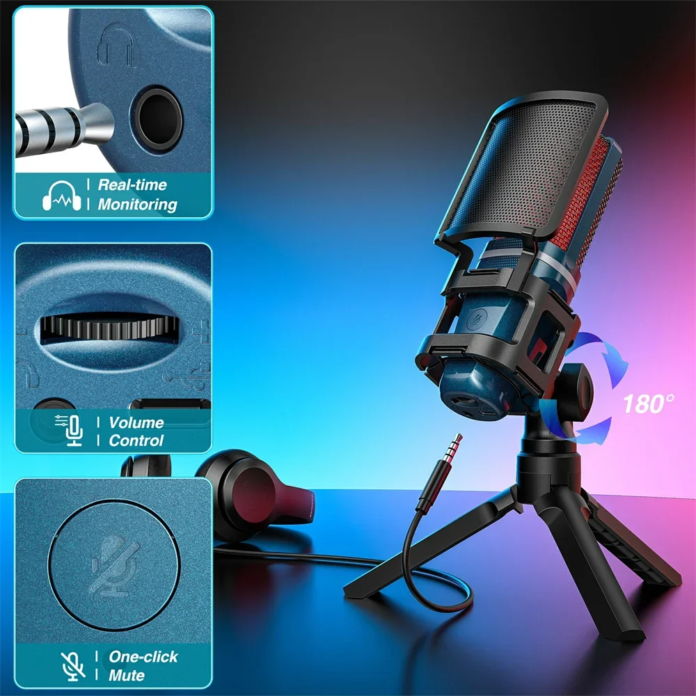 Microfone USB de transmissão 2025 Pro com botão de mudo rápido e batimento cardíaco Rgb - padrão cardióide e 24 bits/96 Khz para esportes