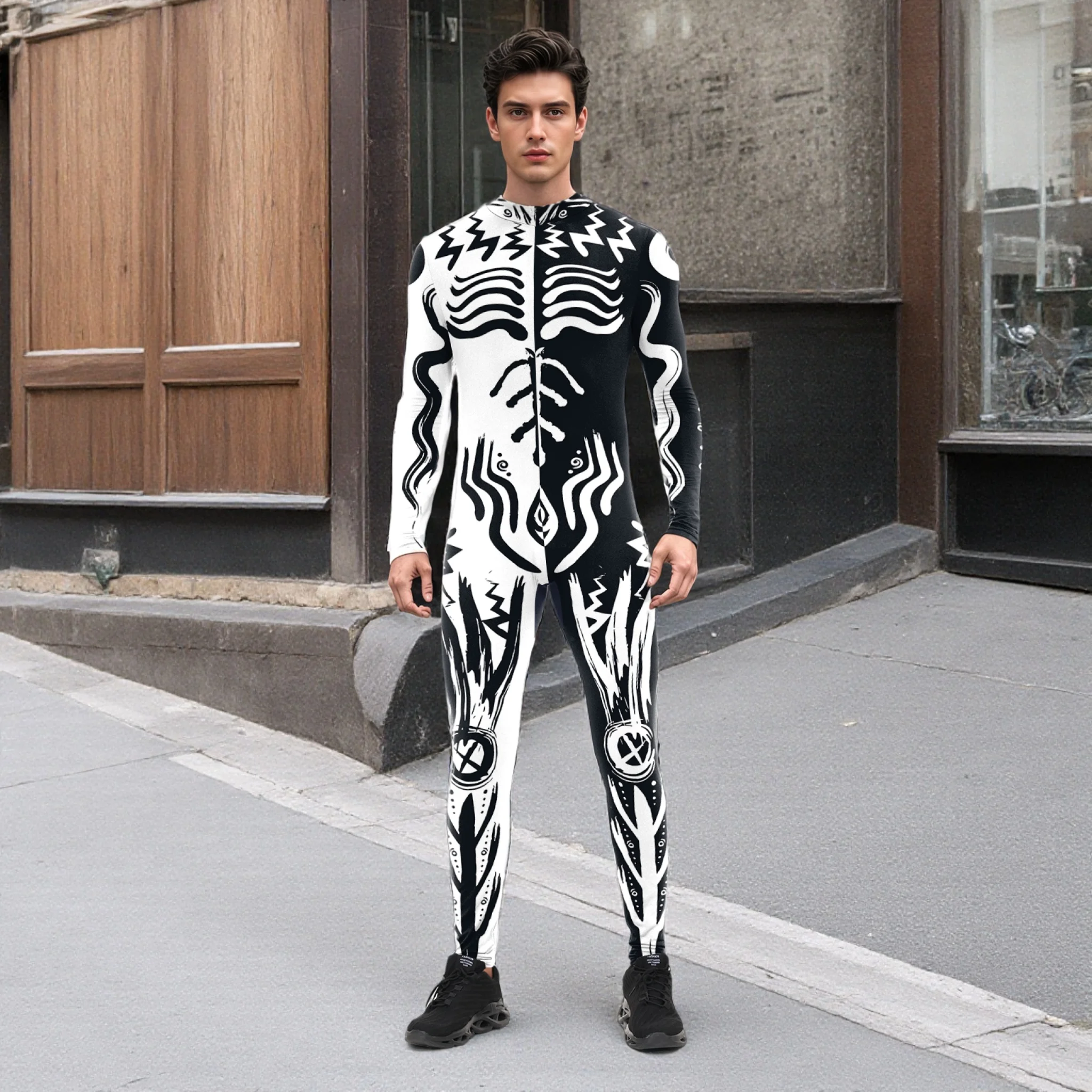 

Cosplay Halloween Men's Sexy Graffiti Black And White Tribal Wizard Eyes Jumpsuit Carnival Party Cosplay Performance Costume