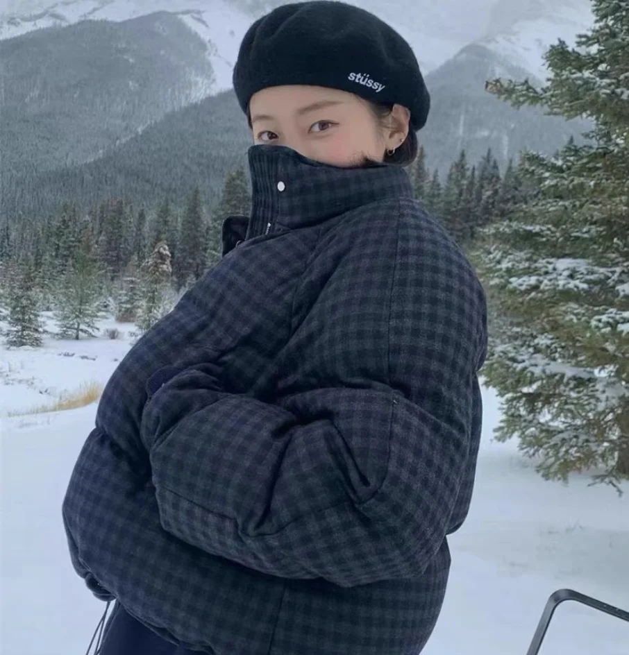 Thiened Witte Du-down Winterjas 2025, Winterseizoen Warme Sli Plaid Wollen Bovenkleding Jas voor jonge vrouwen