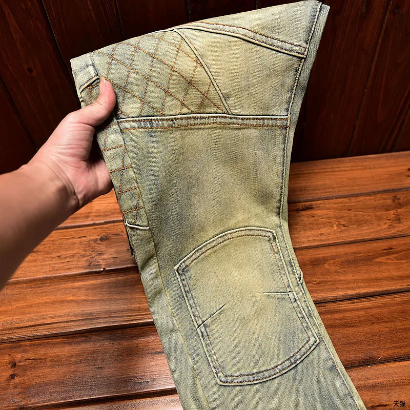 Vintage Jeans Men\'s Washed Yellow Mud Color Slim Fit Skinny Pants Stretch Street Trend Distressed Fashion Straight Trousers