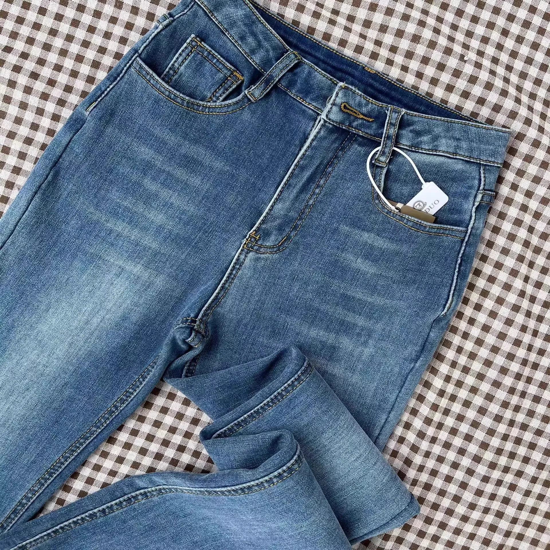 Fce forrado Thi cintura alta Bell Bot Jeans mujeres invierno cálido algodón elástico Denim Retro azul tobillo azing pantalones ecuestres