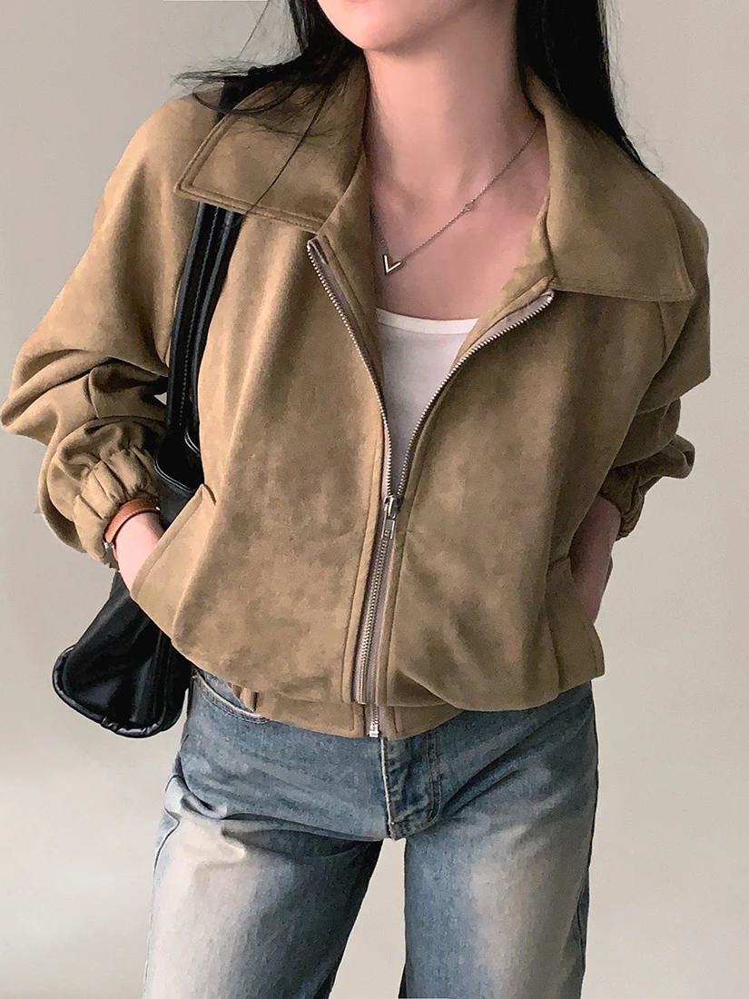 

Ретро-кардиган с воротником на молнии для женщин, в корейском стиле, американский шик, свободный крой, осень-зима, новинка, стройнящий эффект