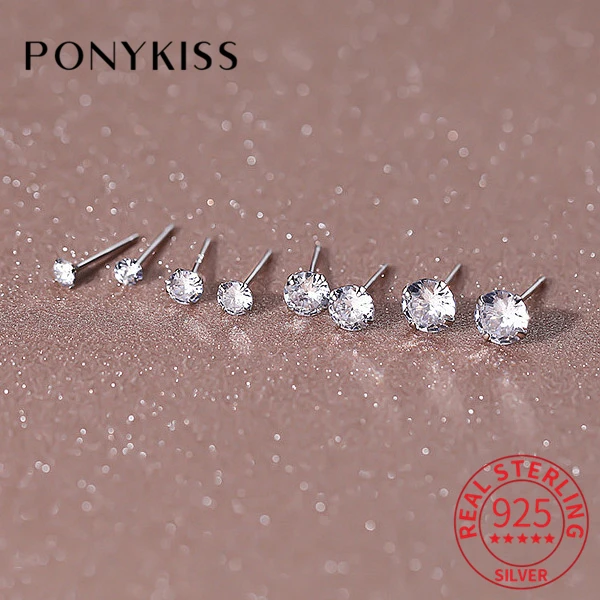 PONYKISS Real 925 Sterling Silver Round Zircon Stud Earrings For Women Classic Fine Jewelry Minimalist Ear Piercing Accessories