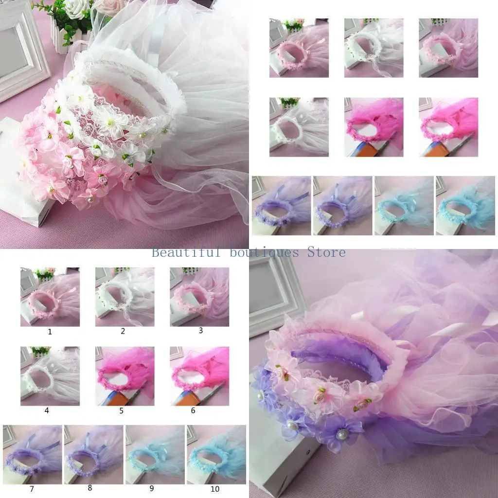 U4LF – couvre-chef en voile à fleurs pour filles, avec couronne fleurs plissée, porteur d'anneau mariage, voile Long en