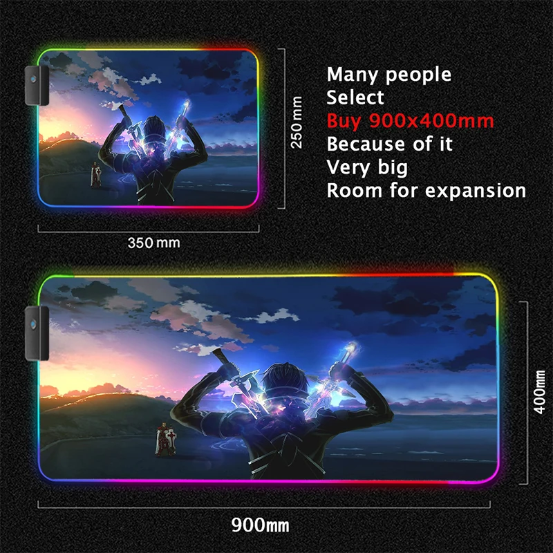 Sword Art Online RGB LED Light Led Large MousePad Anime Keyboard DeskMat Kirito XXL Room Carpet Gaming Accessories for Game LOL