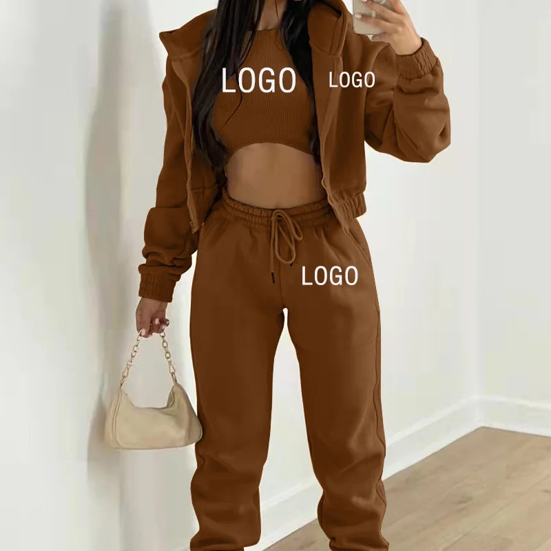 Custom Logo Women\'s Tracksuit Spring Autumn 3 Pieces Set Hooded Sweatshirt and Sweatpants and Vest Casual Female Jogging Suit