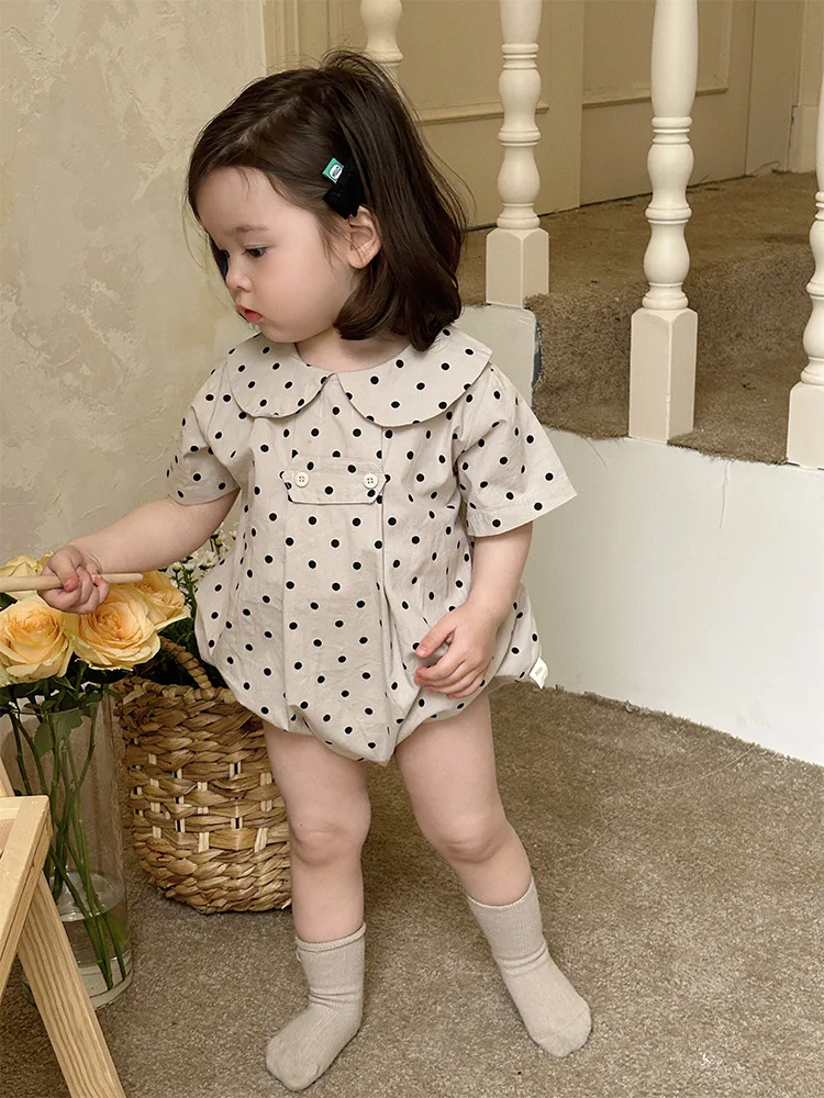 

2025 Summer New Baby Girl Dot Casual Bodysuit Cotton Newborn Toddler Peter Pan Collar Jumpsuit Infant Short Sleeve Clothes 0-24M