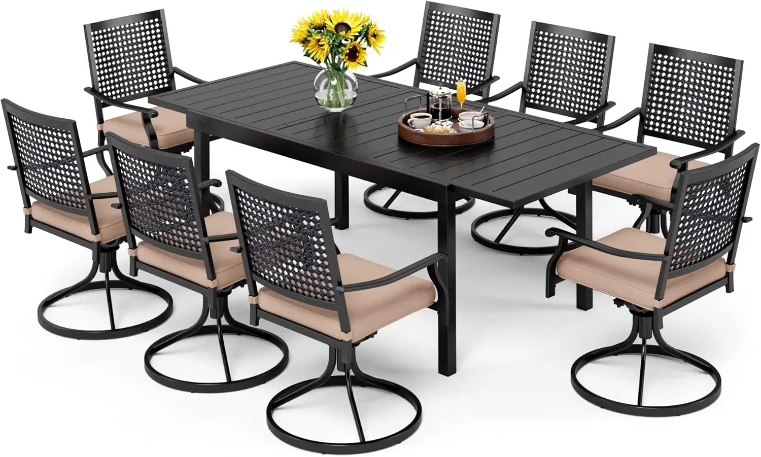 Outdoor Dining Table and Chairs Set for 8, 9 Pieces Patio Metal Expandable Rectangular Table and Black Swivel Chairs