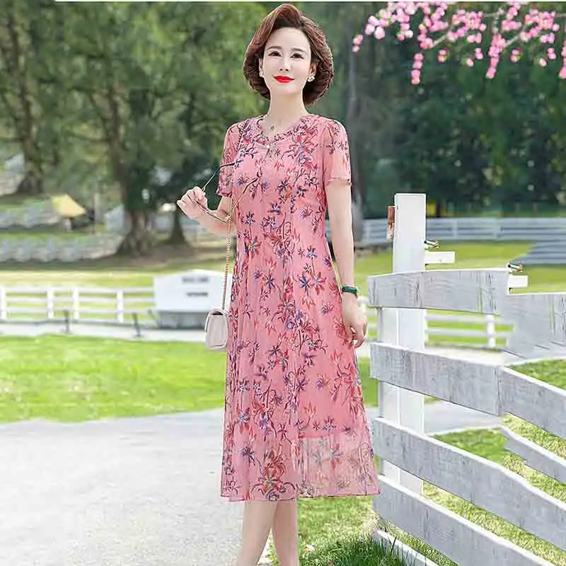 Summer Mom's New Fashion Print Dress. Long Women's Temperament Openwork Lace Floral Over The Knee Slim Long Skirt Female Tide5XL