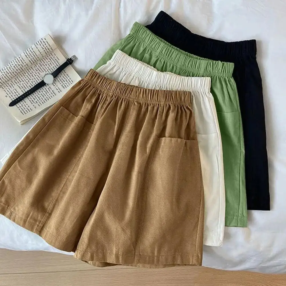 2024 Women Cotton Shorts Summer Casual Solid Two Pockets Shorts High Waist Loose Shorts For Girls Soft Cool Female Sport Cloths