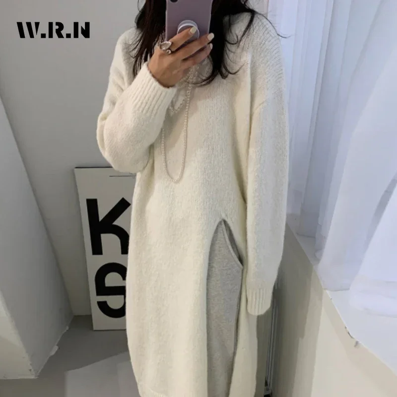 2024 Winter Elegant Sexy White O-neck  Long White Split Pullovers Women Chic Coquette Solid Color Oversized Knitted Dresses