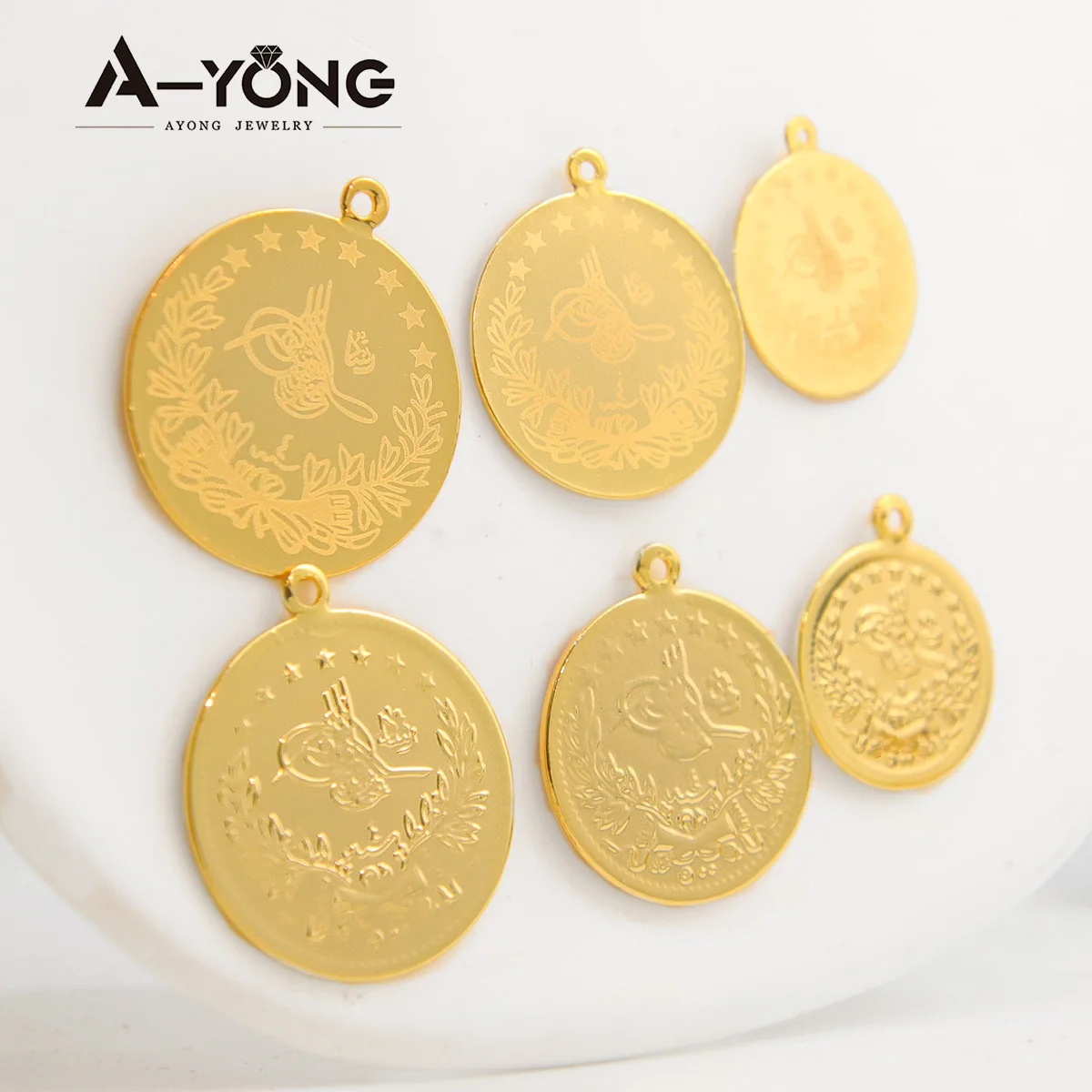 10 Stück vergoldete Münzen Anhänger 21 Karat Gold Farbe Türkische Lira Anpassen Halskette Armband Teile Dubai Islamischer Vintage-Schmuck – Detail 1
