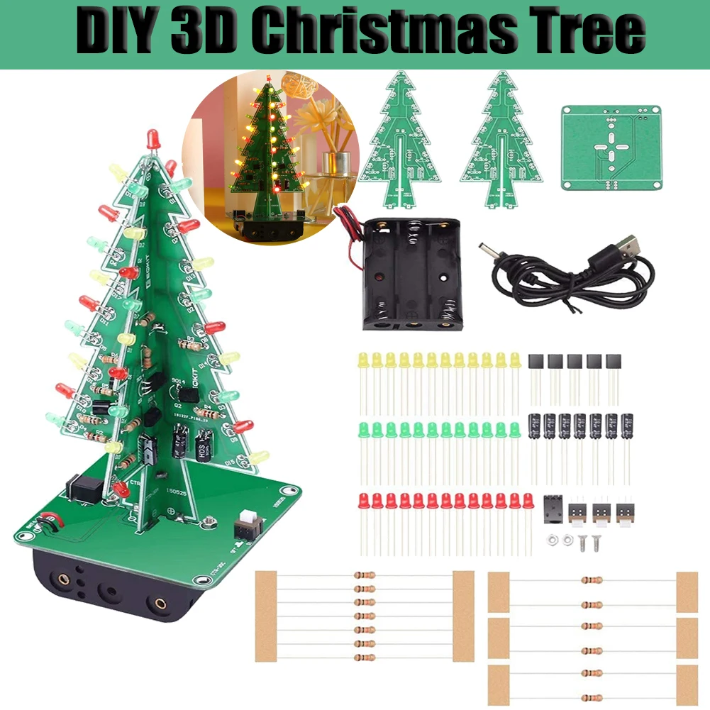 DIY 3D Christmas Tree 3 PCB Flashing Light Christmas Tree Lower Energy Consumption Electronic Exercise Kit for Home Living Room