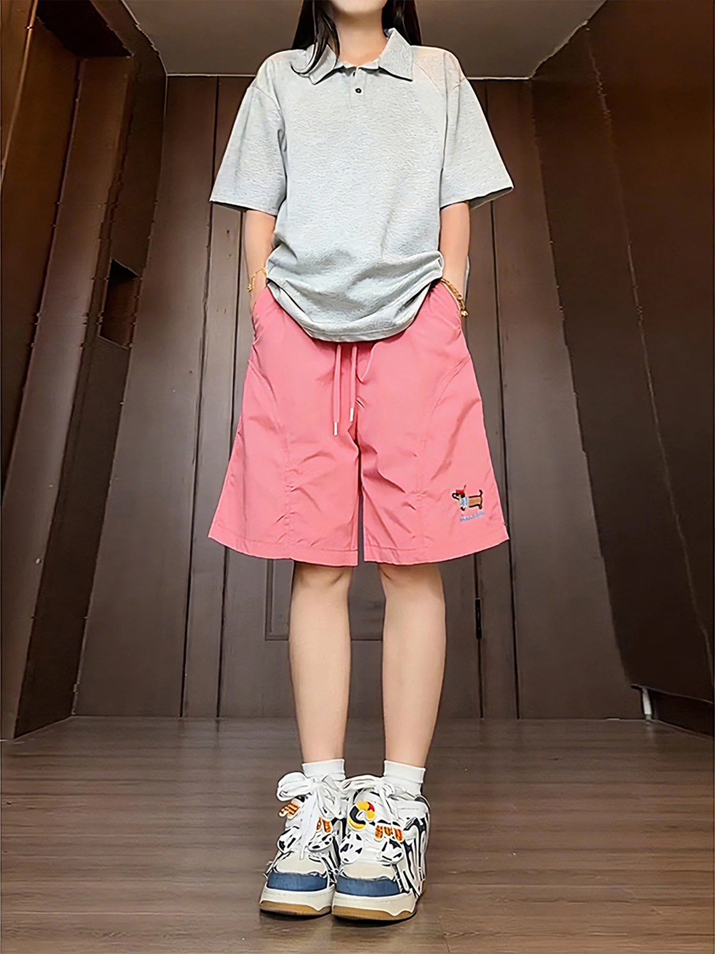 

Qui Dry Embroidered orts for Boys And Girls Summer Dopane Pink Casual Beach Five-Quarter Length Leisure Sports orts