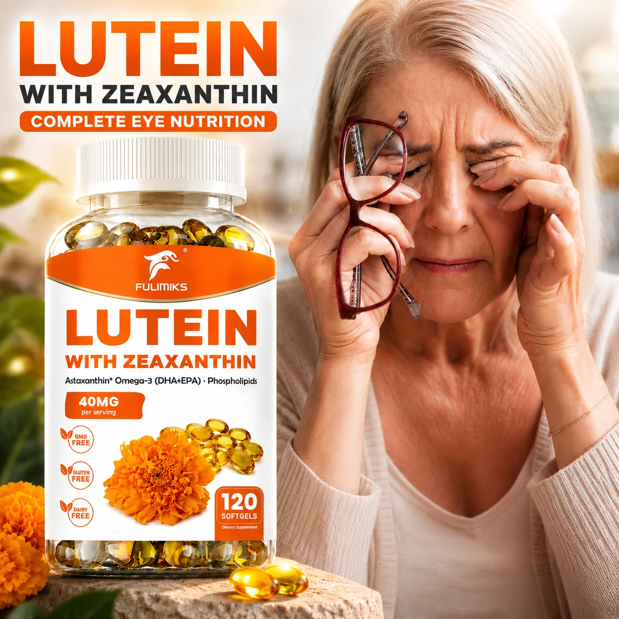 Lutein Zeaxanthin Softgels, with Astaxanthin Omega‑3 DHA EPA Phospholipids, Support Shield Blue Light Eye Strain Macula Retina