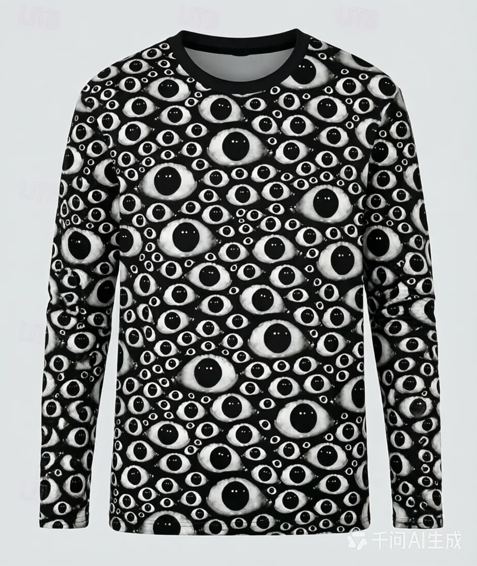Herren Langarm-T-Shirt mit 3D-Volldruck, Horror-Augen-Mund-Muster, Gothic Grusel-Kunst Streetwear Rundhals-Oberteil – Detail 4