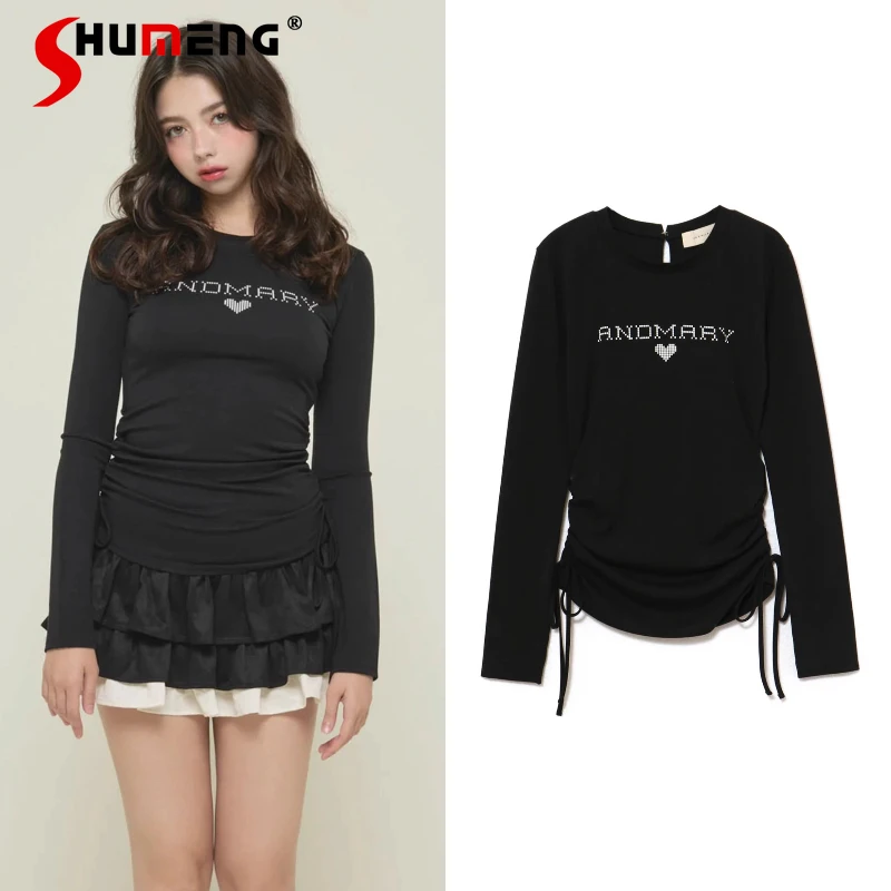 

Autumn New Japanese Lolita Slim Fit Versatile Drawstring Letter Print Long Sleeves T-shirts Commuter Style Regular Shoulder Tees