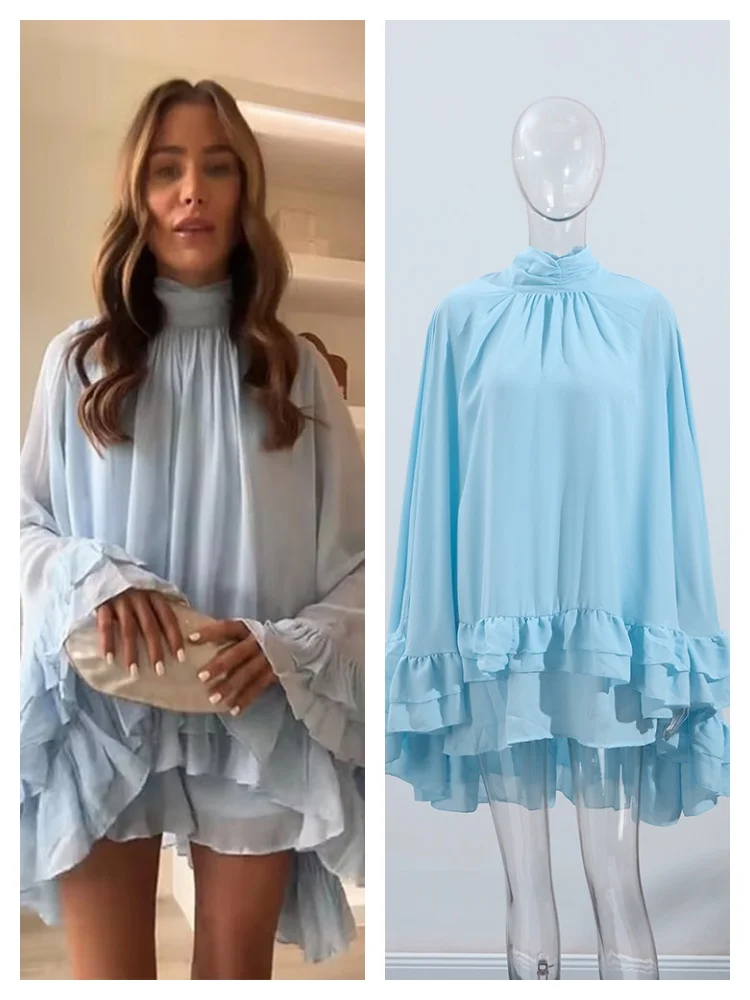 Layer Cake Short Dresses Women Lace Up Long Flare Sleeves Ruffles Hem A Line Dress 2025 Summer Antumn Evening Party Female Robes