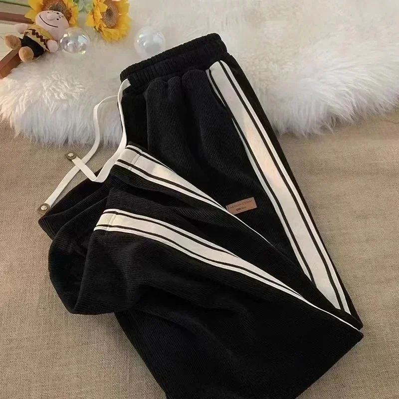 Women  Corduroy Striped Sweatpants Streetwear Thick Wide Leg Pants 2025 Y2K Harajuku High Waist Joggers Korean Baggy Trousers