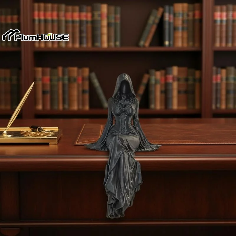 Female Grim Reaper Resin Statue Gothic Sitting Sculpture With Scythe Dark Aesthetic Decor For Home Office And Bookshelf