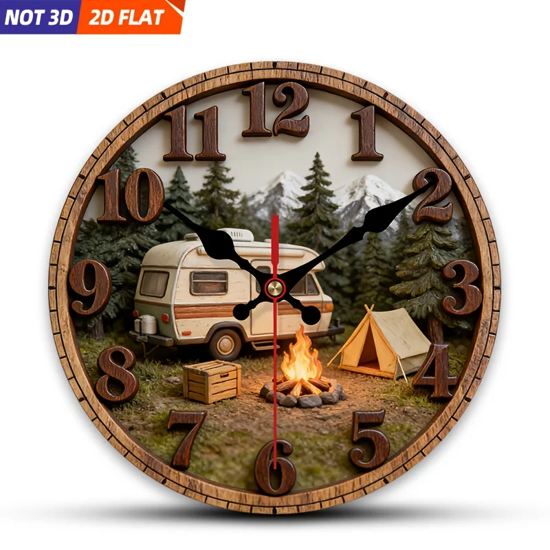 

2D плоский. 1 шт. Настенные часы в стиле кемпинга, бесшумные декоративные часы, креативные настенные часы, подходят для украшения спален, гостиных.