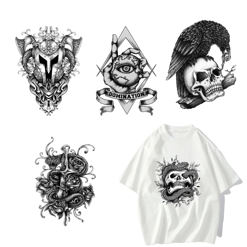 Fashion Street Black and White Punk Skull DTF Thermo Sticker Decals Heat Transfer On Clothes Iron On Patch For Press Printing