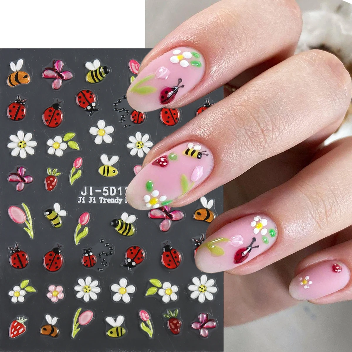 5D Ladybird Nail Stickers Cartoon Ants Bees Snails Insects Nail Decals Kawaii Charms Daisy Flowers Sliders for Manicure LEBJI-5D