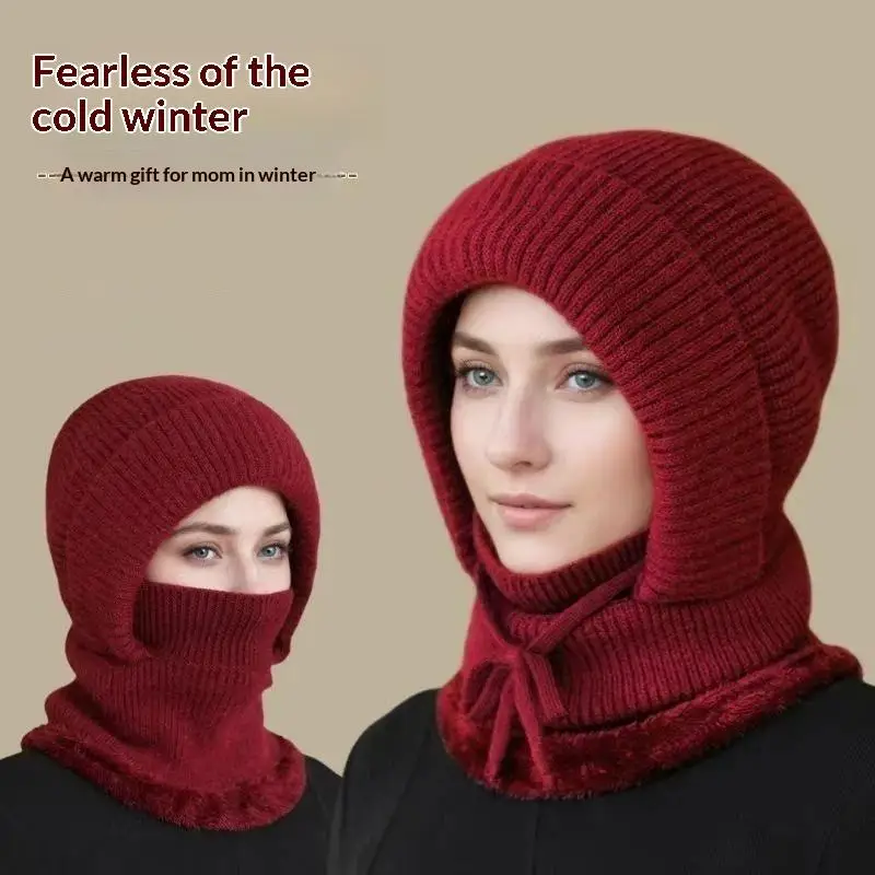 Womens Winter Fleece Lined Knitted Hood Scarf Windproof Warm Adjustable Drawstring For Skiing Hiking Outdoor Use