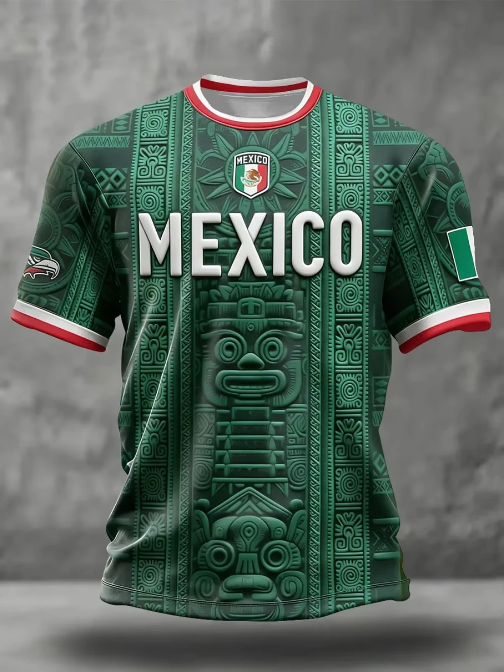Mexico 3D Soccer Jersey Aztec Calendar Pattern Red Green Stripe Breathable Quick Dry Lightweight Men Short Sleeve Football Shirt
