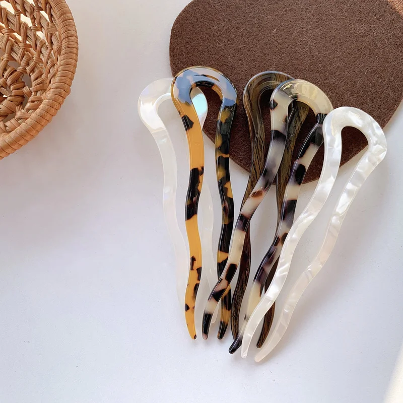 French Twist U Shape Hair Stick Hair Clip Acetate Wavy Hairpin Vintage Tortoise Shell Women Hair Bun Pin Nakrycia głowy Akcesoria