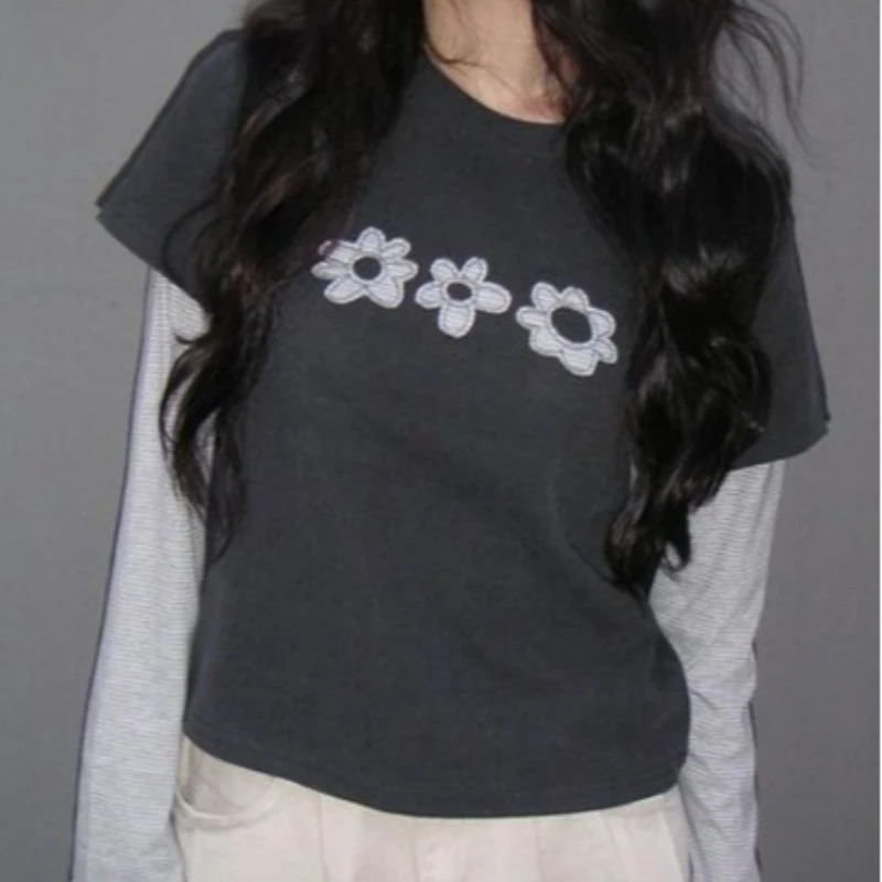 التباين اللون الشارع الرجعية الزهور خياطة كامي سيتا شيك عادية تي شيرت رو با مخطط التخسيس كاذبة قطعتين كم طويل #4