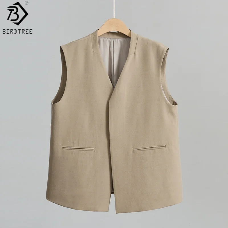Birdtree, Wool Blended V-neck Vest, Single Breasted Coat, Women's Basics Loose Sleeveless Cardigan, 2026 Autumn New T69325JF