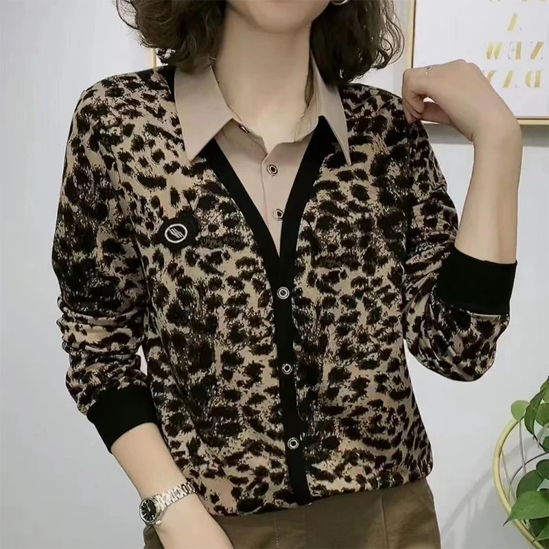 Autumn Winter Leopard Printed Patchwork Fake Two Pieces Jacket Female Long Sleeve Fashion All-match Coat Women's Cardigan Tops