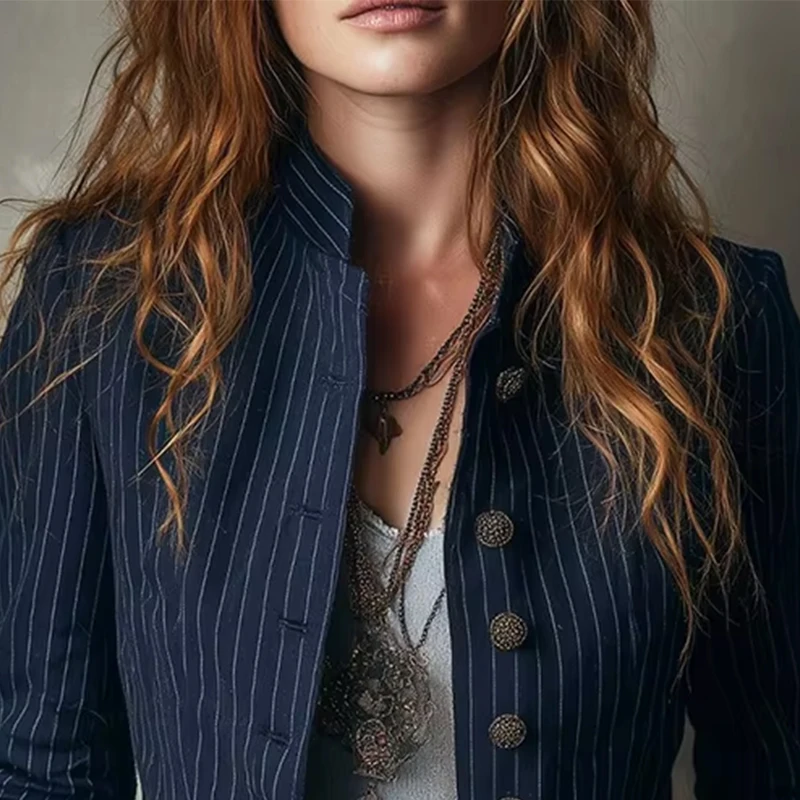 Giacca a righe slim fit stile americano Capispalla Lady Autunno Moda Elegante colletto alla coreana Cappotto monopetto per donna Top