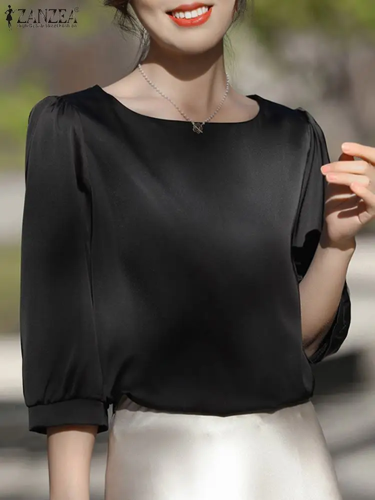 2023 ZANZEA Summer Women Elegant OL Work Blouse Fashion O Neck 3/4 Sleeve Shirt Casual Solid Tunic Tops Femininas Party Blusas