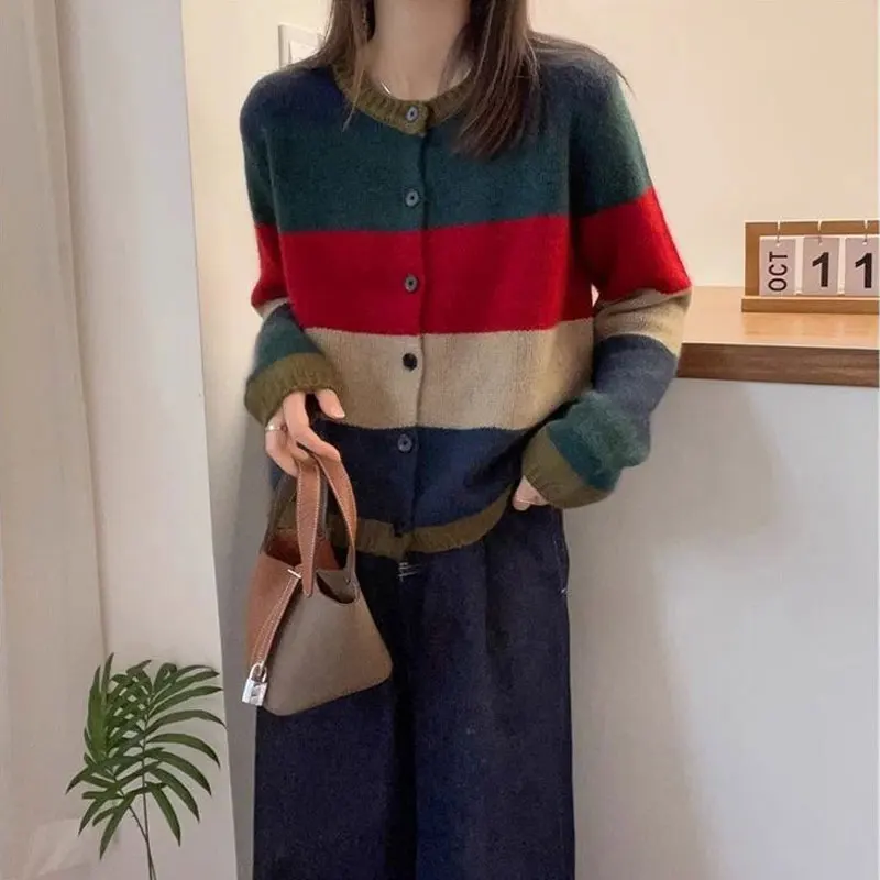 Vintage Contrasting Colors Cardigan Female Clothing Striped Loose Autumn Winter Casual O-Neck Single-breasted Knitted Sweaters