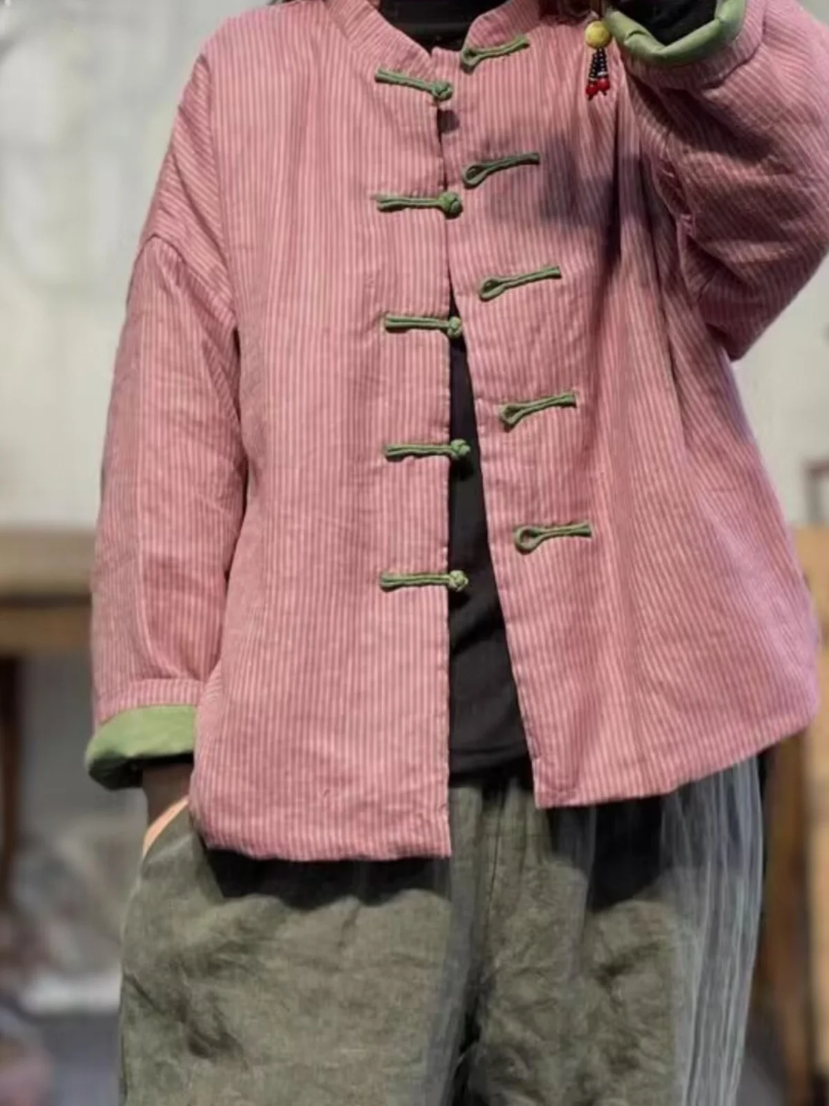 

New Chinese Sle Loose Cotton Jaet Women's Clothing Linen Striped Button up Casual Winter Coat And Pear aped