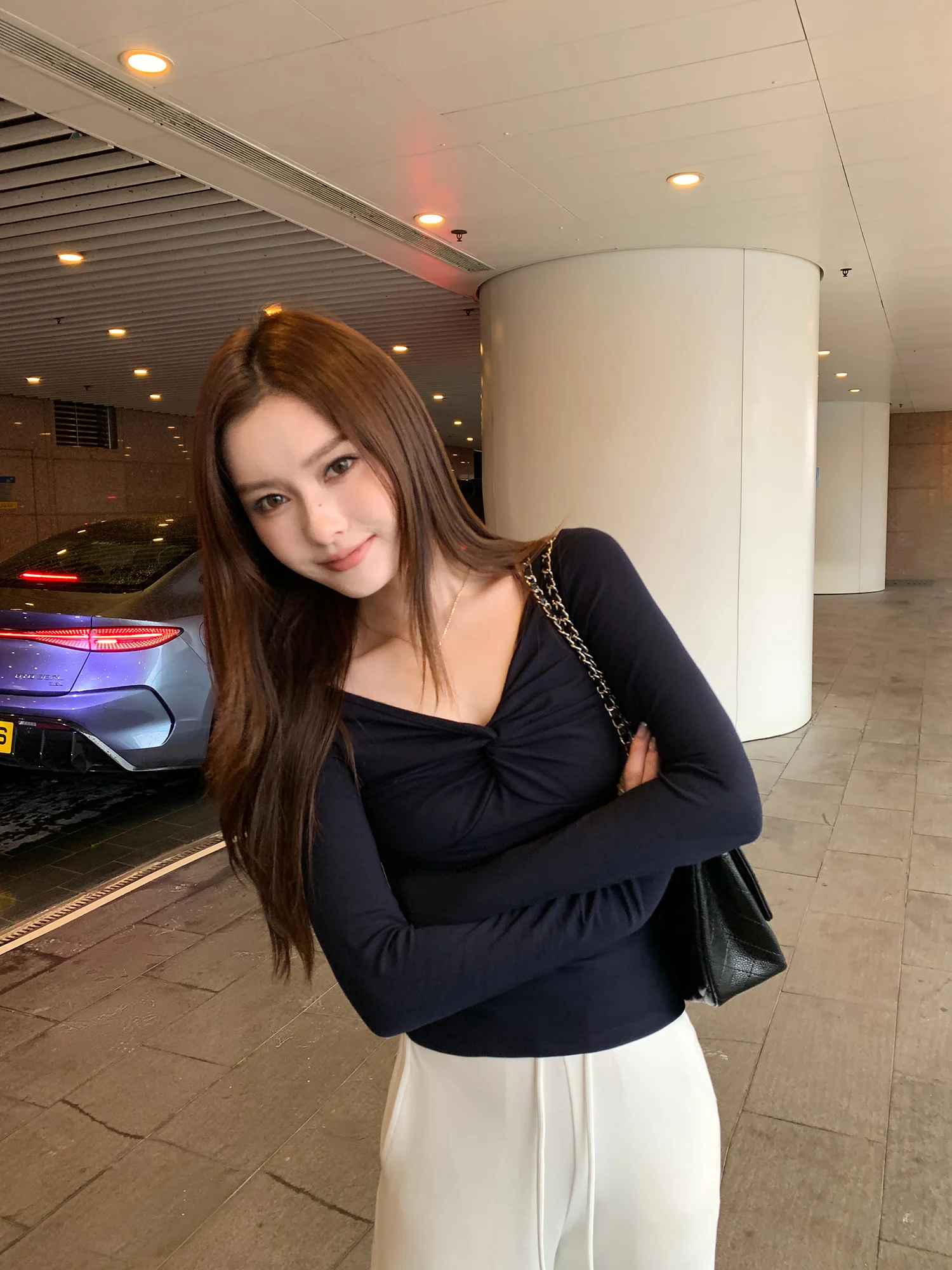 Pusumede Elegant Long Sleeve V-Neck Twist Knot T-Shirt Women's High Elastic Slimming Personality Inner Wear Top Casual Style