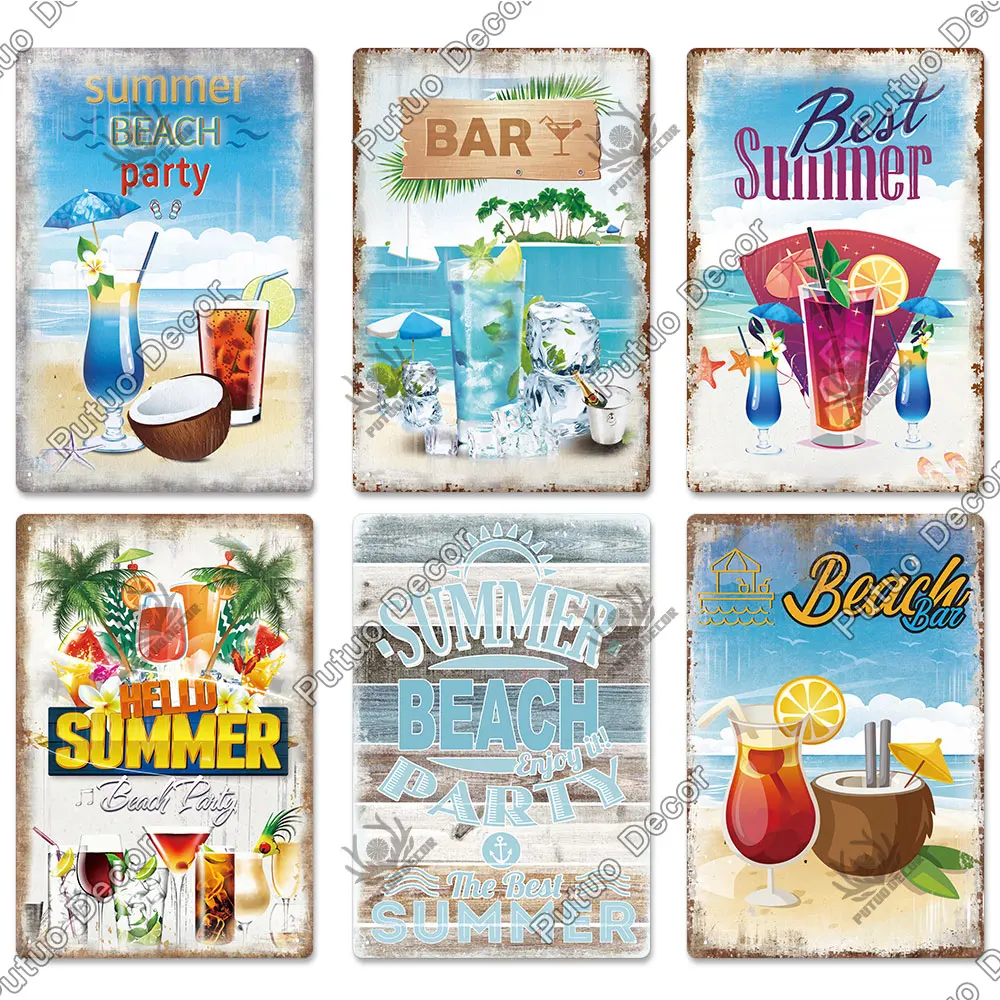 Putuo Decor Summer Beach Vintage Plaque Metal Cocktail Tin Sign Wall Art Decoration Bar Pub Seaside Room House Iron Painting