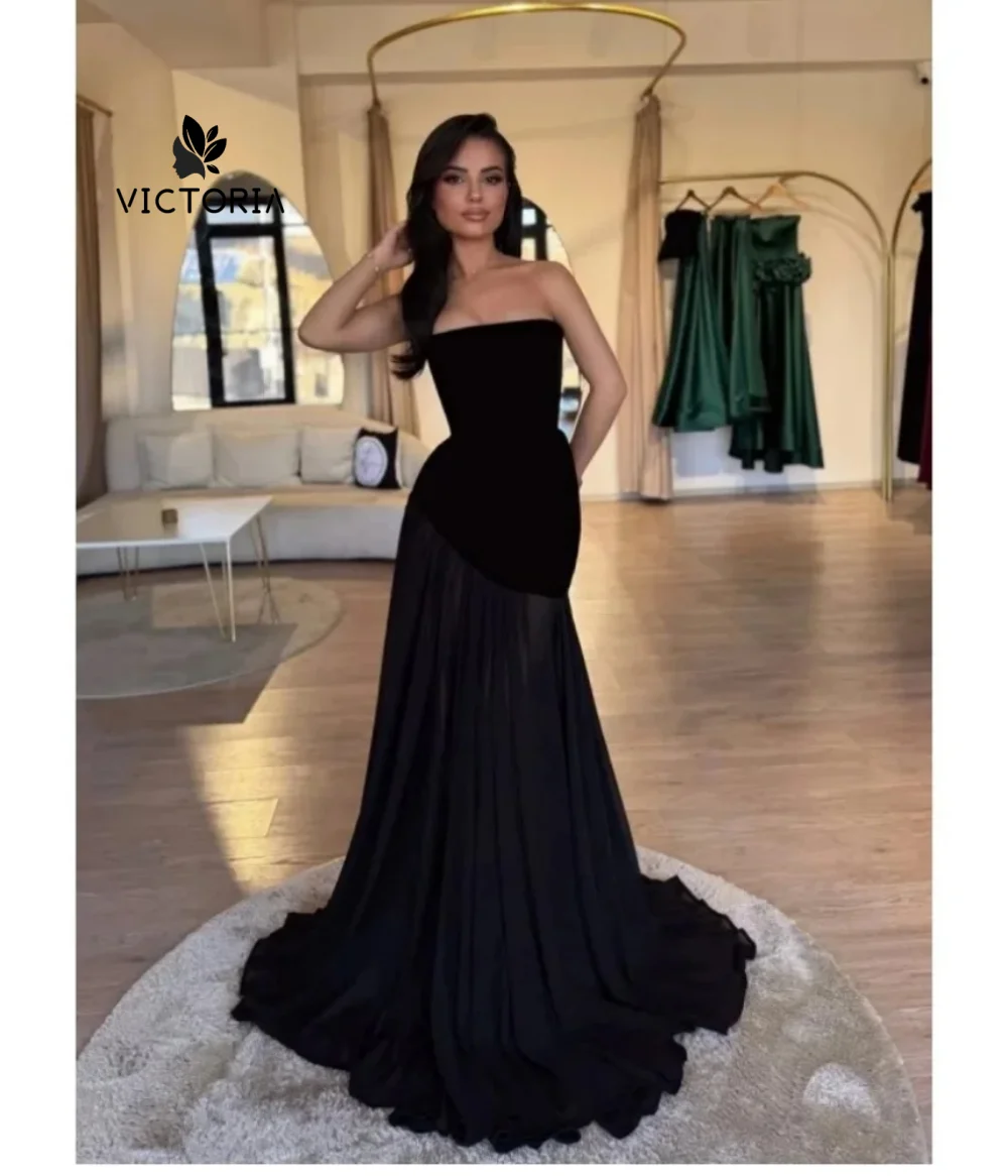 

Black Velvet Strapless Illusion Train Evening Dress Dubai Saudi vestidos de noiva Floor-Length Evening Dress 2025 Customized