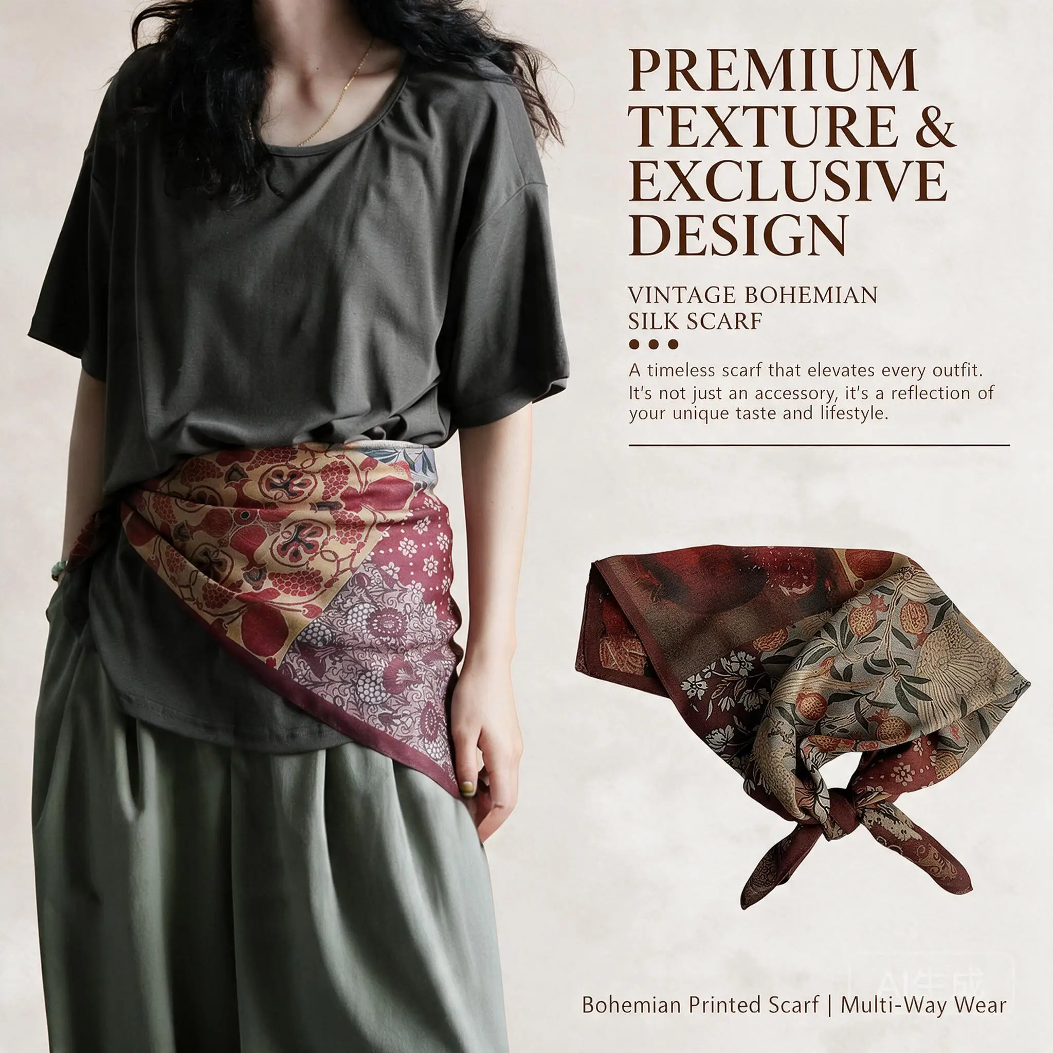 Vintage Ethnic 68cm Multi Use Waist Scarf For Women Versatile Assorted Artistic Prints Daily Casual Bohemian Fashion Accessory