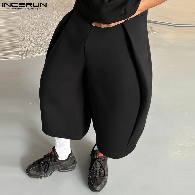 

INCERUN Men Pants Solid Color Joggers Loose Wide Leg Trousers Men Streetwear Korean Style Fashion Casual Male Calf-length Pants