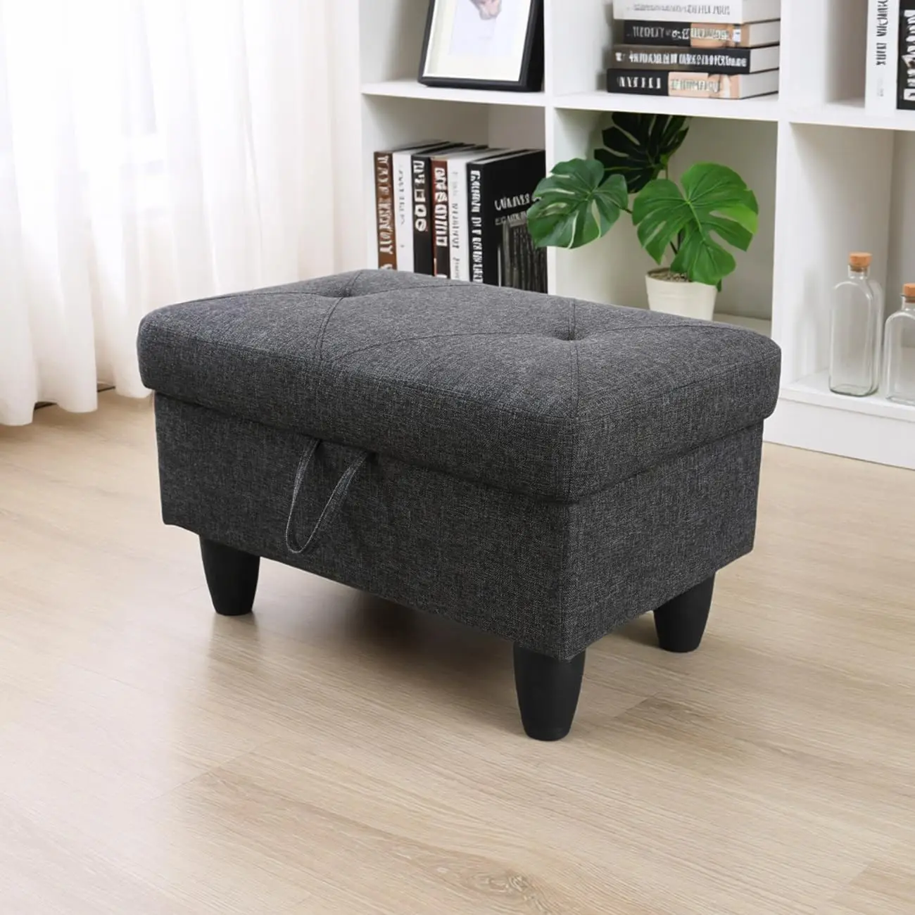 28.5 Inch Large Square Storage Ottoman Bench, Footstool with Storage, Foot Rest, Coffee Table, Thick Cushion, Black Linen, for Living Room, Bedroom, Entryway, Home Decor, RV Car, Loft